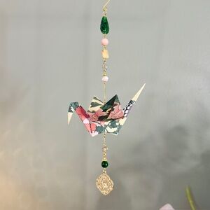 Origami Ornament #2418 - Large Crane with Repurposed Pendant